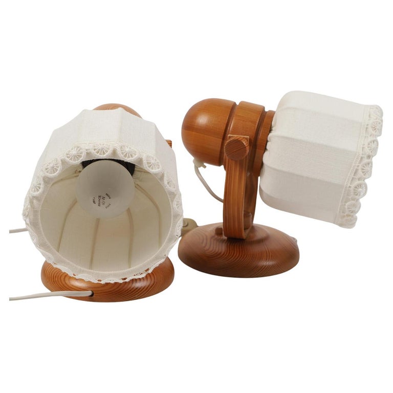 Pair of Markslöjd Scandinavian Pine and Fabric Wall Lamps, 1970s