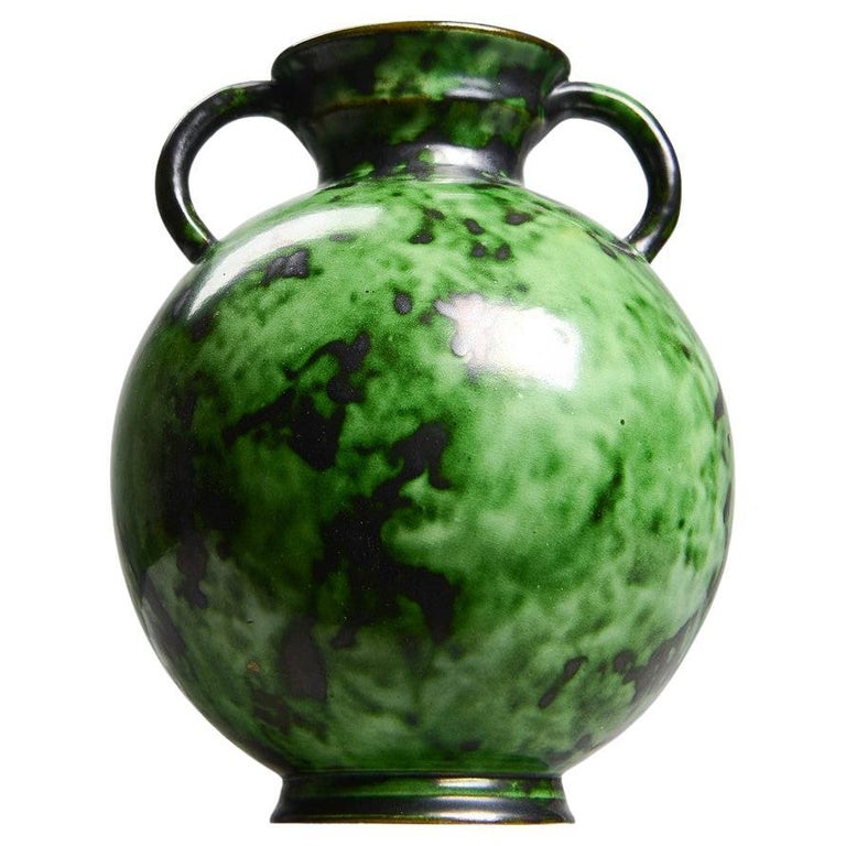 Swedish Art Deco Green Glazed Ceramic Vase - By Erik Mornils for Nittsjö