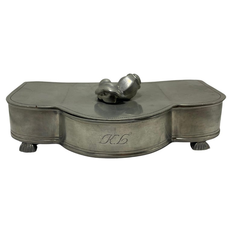Swedish Art Deco Pewter Jewelry Box by GAB with Velvet Interior, 1930s