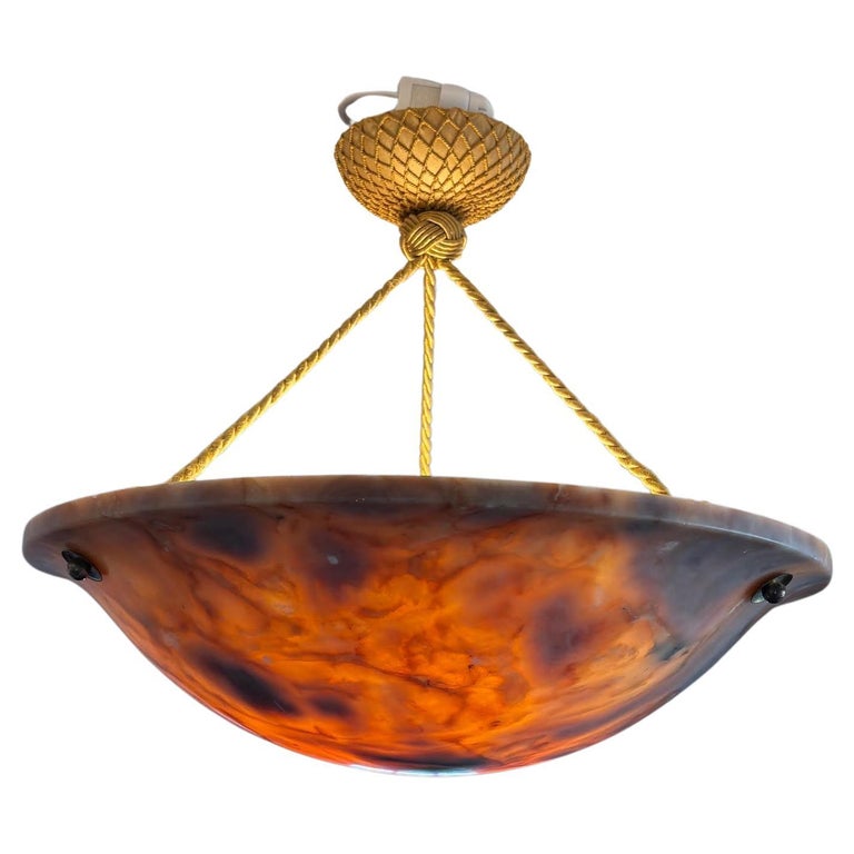 Swedish Modern Alabaster Pendant Ceiling Lamp with Gilded Details, 1940s