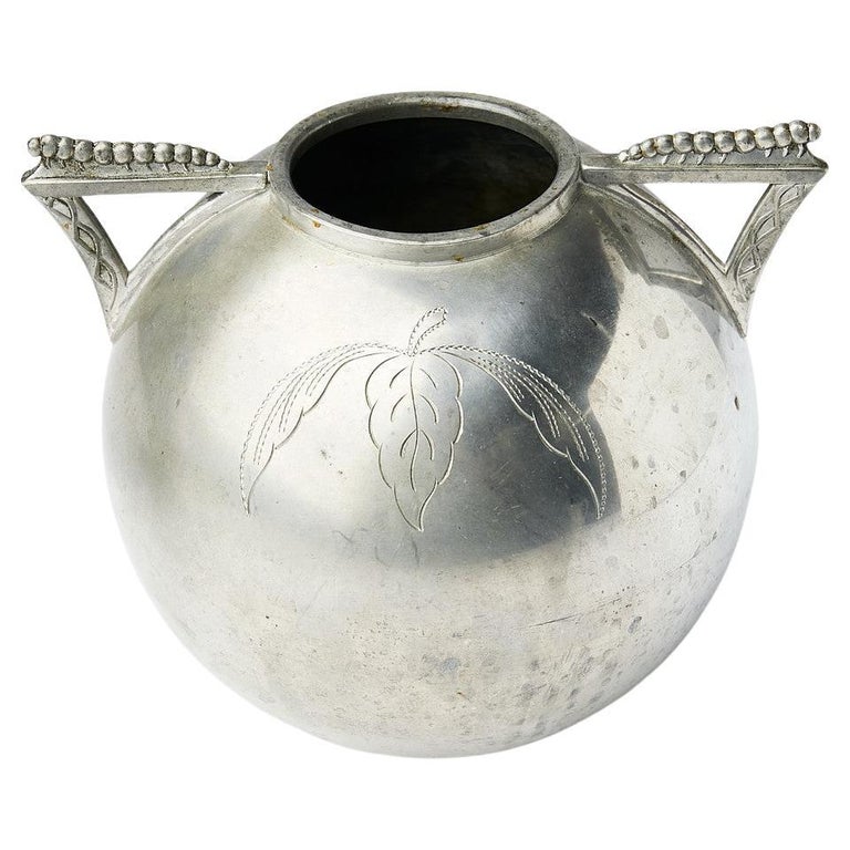 L&L Swedish Pewter Vase with Leaf Motif and Triangular Handles, 1935