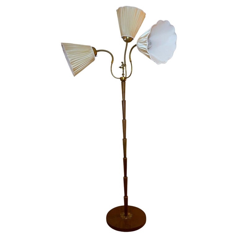 Vintage Swedish Mid-Century Floor Lamp, 1930s, Brass Details & Silk Shades