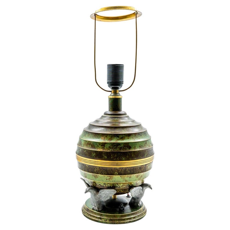 Art Deco Bronze-Patinated Table Lamp with Eagles, Sweden, circa 1930s