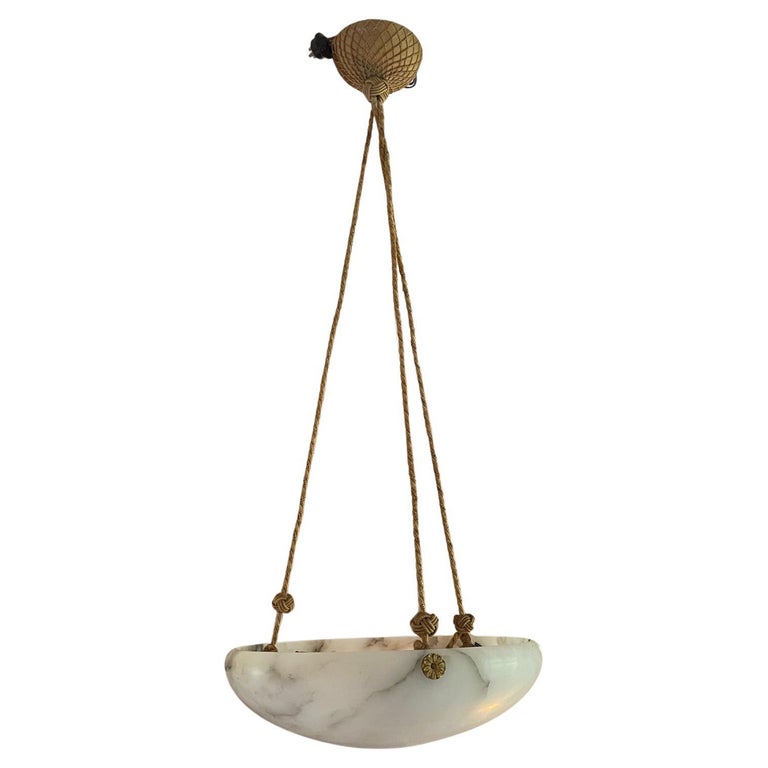 Swedish Modern Alabaster Ceiling Pendant with Rope & Brass Details, 1940s
