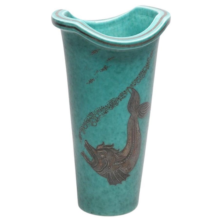 Wilhelm Kåge for Gustavsberg Argenta Vase with Silver Sea Creature Motif, Sweden 1930's