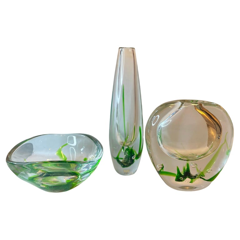 Seaweed Series – Vicke Lindstrand for Kosta, Swedish Mid-Century Art Glass (3-Piece Signed Set)