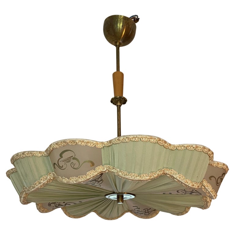 Elegant Swedish Modern Pendant Light in Silk and Brass, 1940s