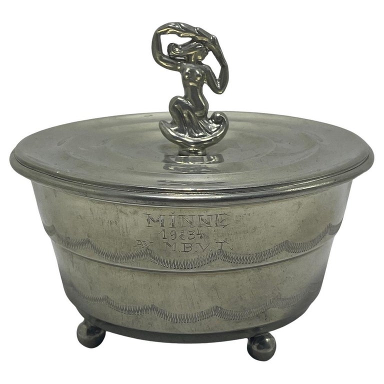 Sylvia Stave Pewter Lidded Box with Figurine Finial – Swedish Modern 1928
