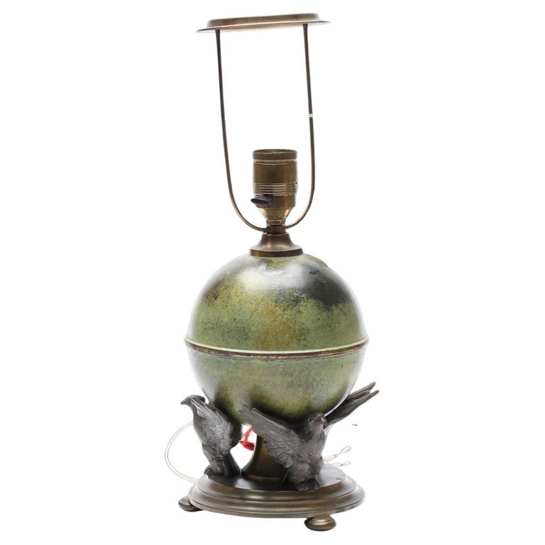Ystad-Metall Table Lamp with Patinated Globe and Bird Motif, Sweden 1930's
