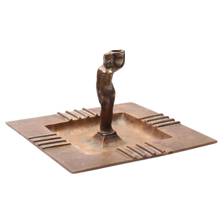 Art Deco Bronze Candleholder by GAB Featuring Female Nude, 1930s