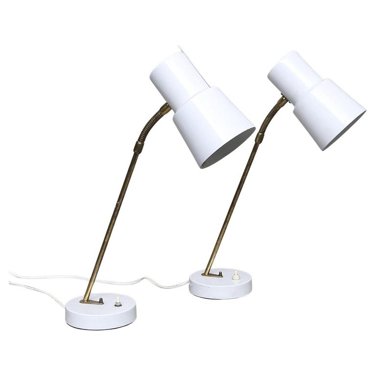 Pair of White and Brass Adjustable Table Lamps by EWÅ Värnamo, Sweden, 1960's