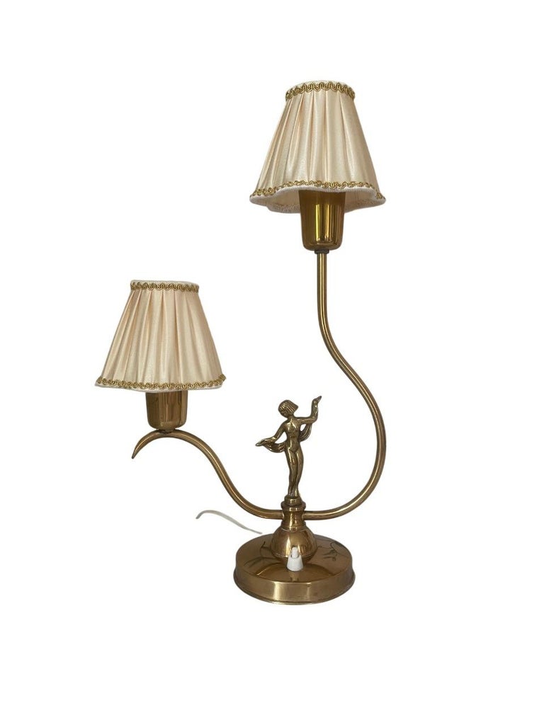Swedish Art Deco Brass Table Lamp with Figural Base and Silk Shades, 1930s