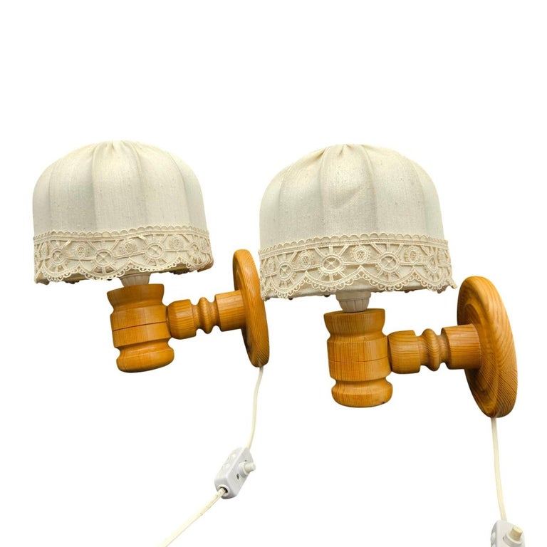 Vintage Scandinavian Pine Wall Lights – Pair of Swedish Rustic Lamps, 1970's