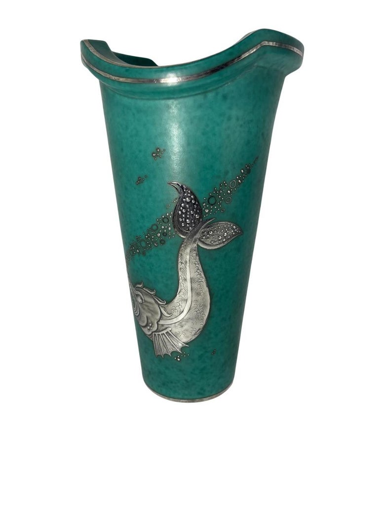 Wilhelm Kåge for Gustavsberg Argenta Vase with Silver Sea Creature Motif, Sweden 1930's