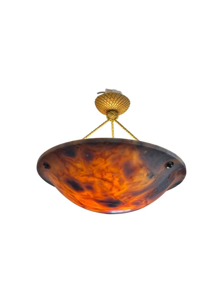 Swedish Modern Alabaster Pendant Ceiling Lamp with Gilded Details, 1940s