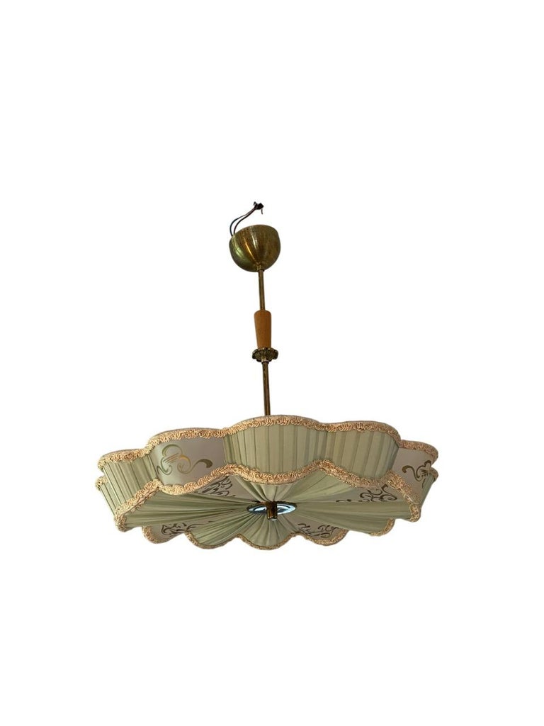 Elegant Swedish Modern Pendant Light in Silk and Brass, 1940s