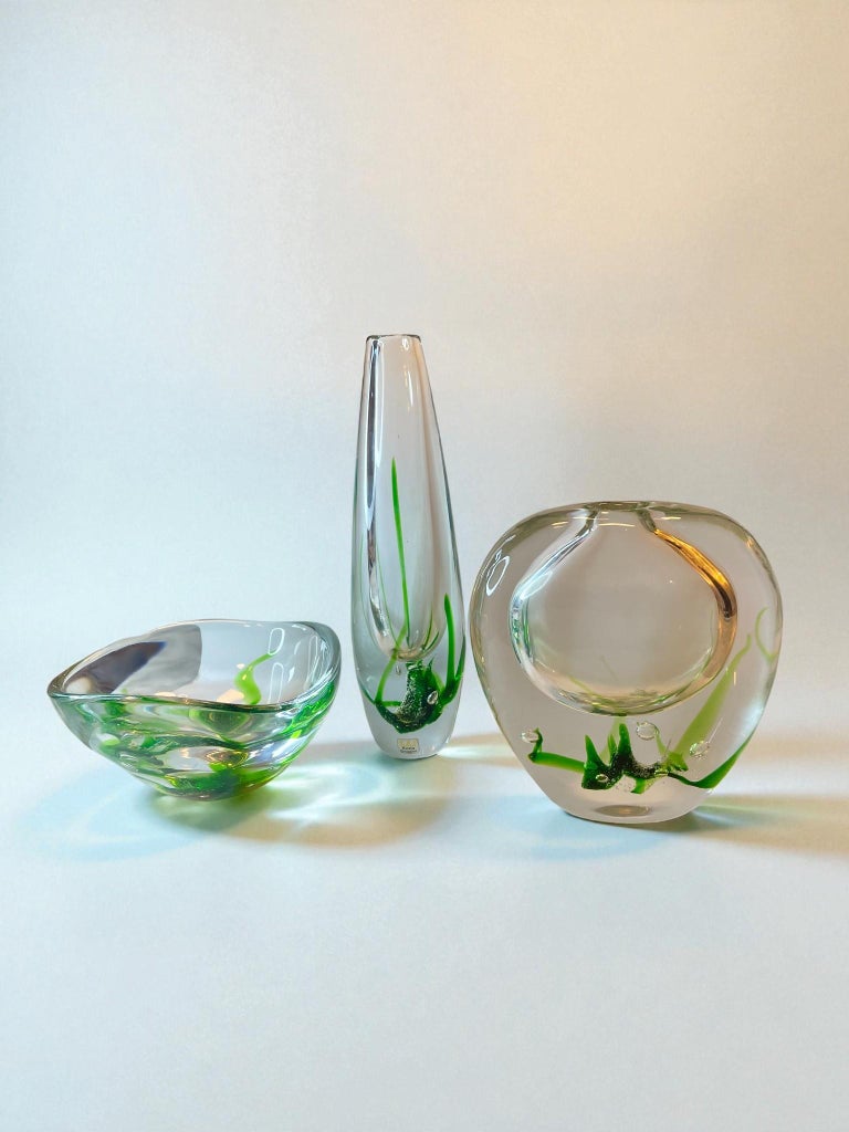Seaweed Series – Vicke Lindstrand for Kosta, Swedish Mid-Century Art Glass (3-Piece Signed Set)