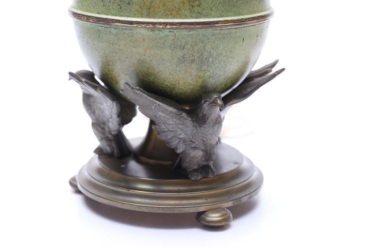 Ystad-Metall Table Lamp with Patinated Globe and Bird Motif, Sweden 1930's