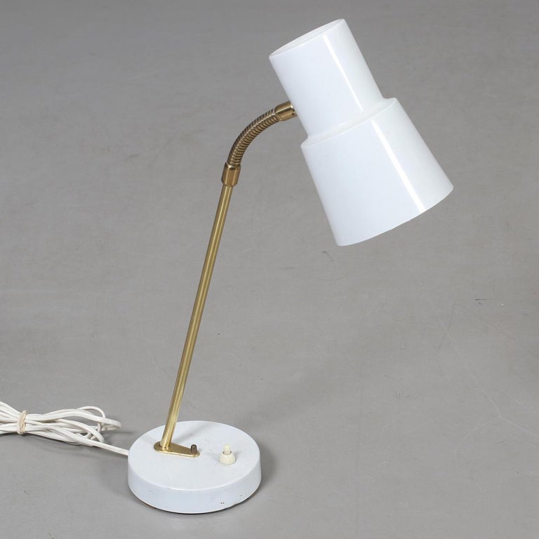 Pair of White and Brass Adjustable Table Lamps by EWÅ Värnamo, Sweden, 1960's