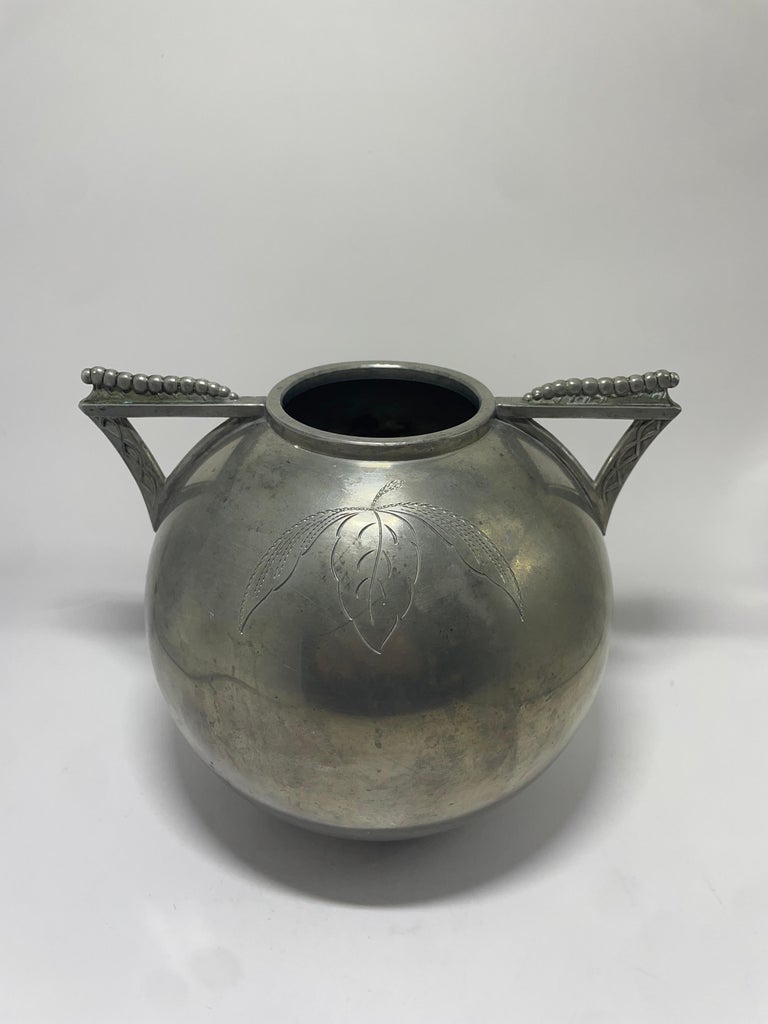 L&L Swedish Pewter Vase with Leaf Motif and Triangular Handles, 1935