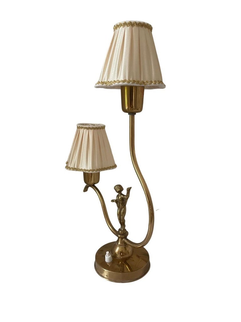 Swedish Art Deco Brass Table Lamp with Figural Base and Silk Shades, 1930s