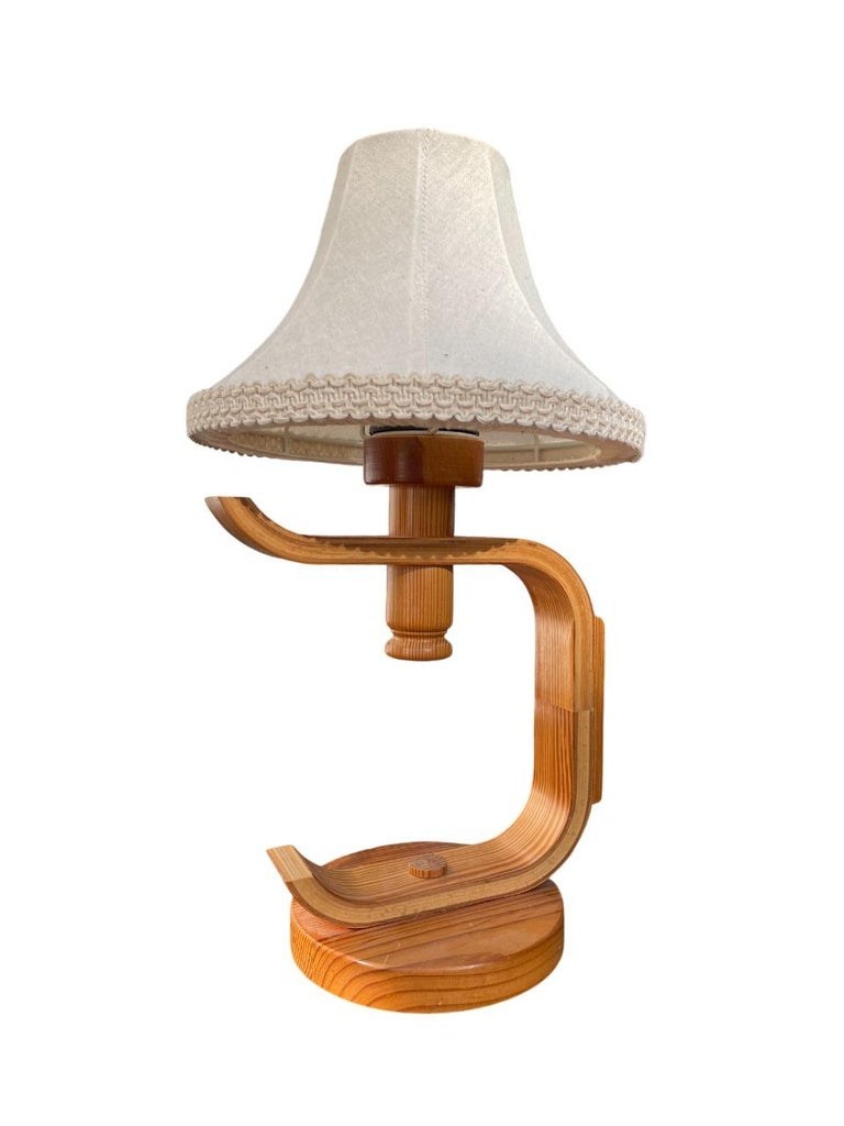 Swedish Bentwood Pine Table Lamp with Fabric Shade, 1970s