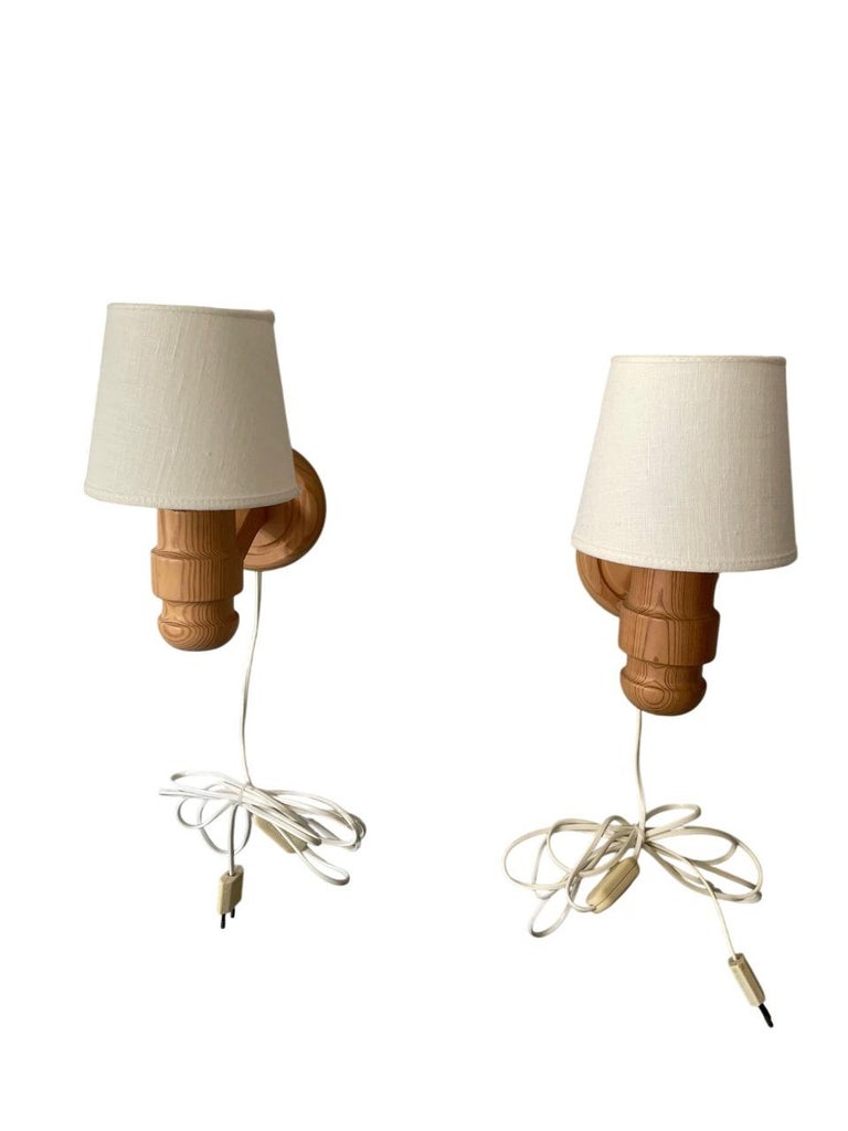 Pair of Solbackens Svarveri Pine Wall Lamps, Sweden, 1970s