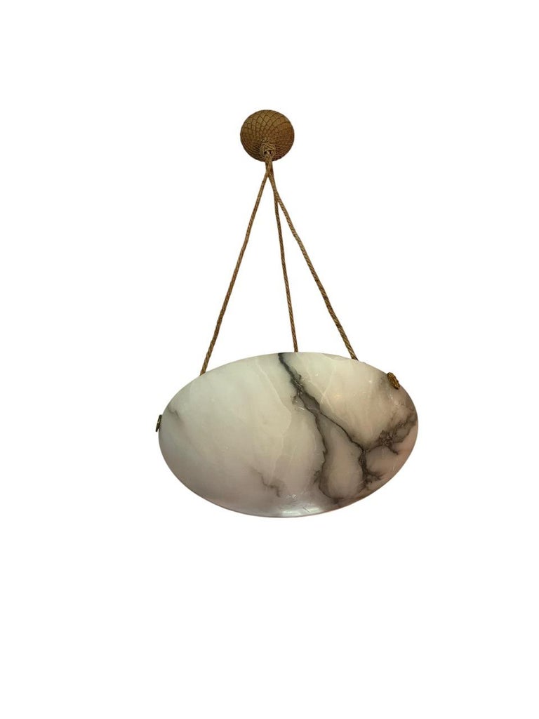Swedish Modern Alabaster Ceiling Pendant with Rope & Brass Details, 1940s