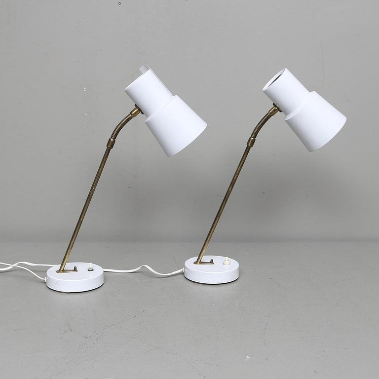 Pair of White and Brass Adjustable Table Lamps by EWÅ Värnamo, Sweden, 1960's