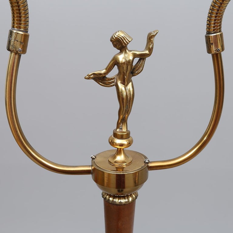 Vintage Swedish Mid-Century Floor Lamp, 1930s, Brass Details & Silk Shades