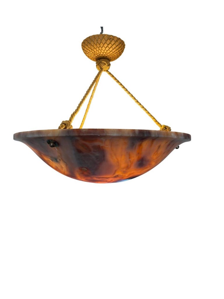 Swedish Modern Alabaster Pendant Ceiling Lamp with Gilded Details, 1940s