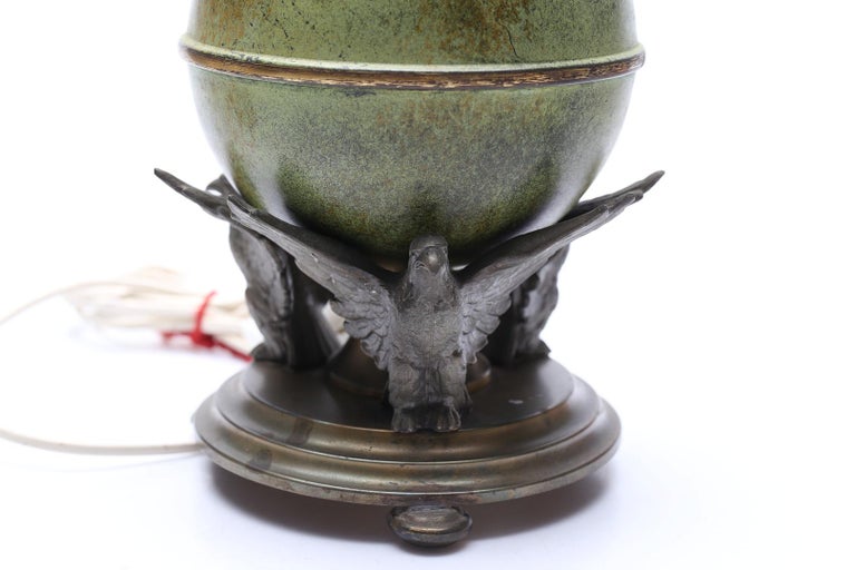 Ystad-Metall Table Lamp with Patinated Globe and Bird Motif, Sweden 1930's