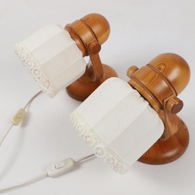 Pair of Markslöjd Scandinavian Pine and Fabric Wall Lamps, 1970s