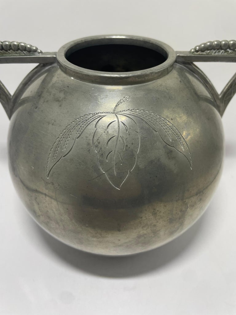 L&L Swedish Pewter Vase with Leaf Motif and Triangular Handles, 1935
