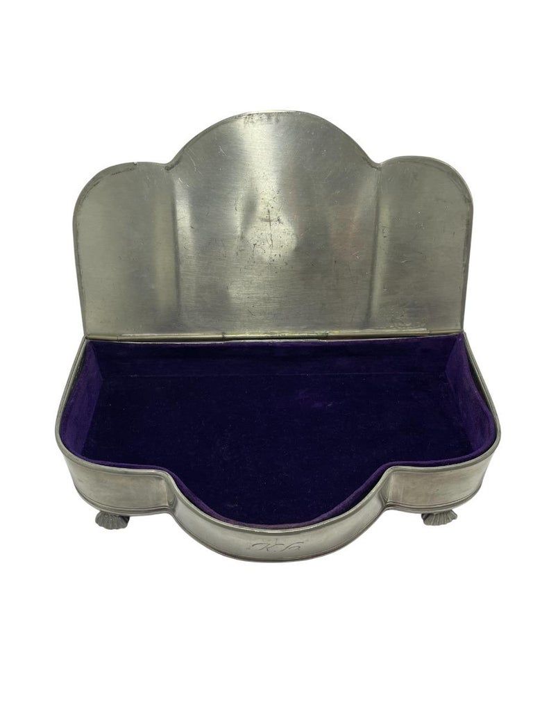 Swedish Art Deco Pewter Jewelry Box by GAB with Velvet Interior, 1930s