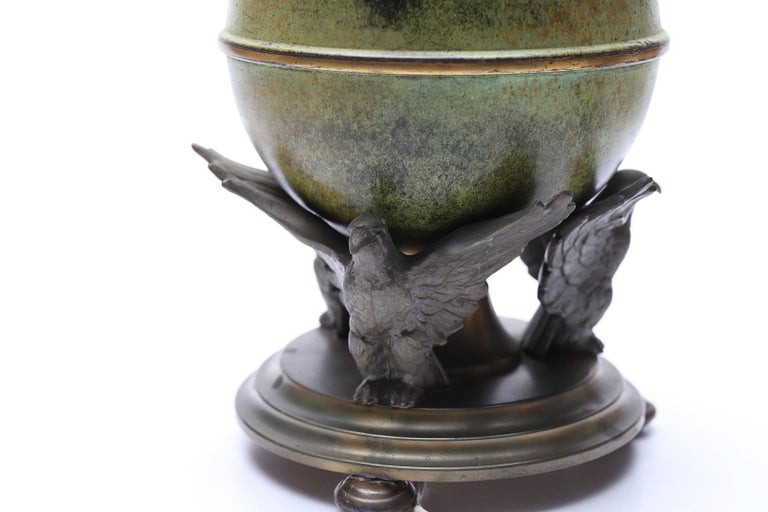 Ystad-Metall Table Lamp with Patinated Globe and Bird Motif, Sweden 1930's