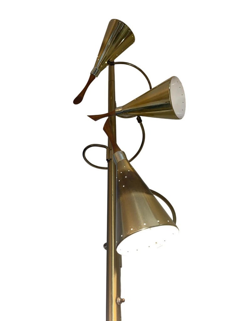 Mid-Century Brass Tension Pole Lamp by Stiffel with Spiral Arms and Cone Shades