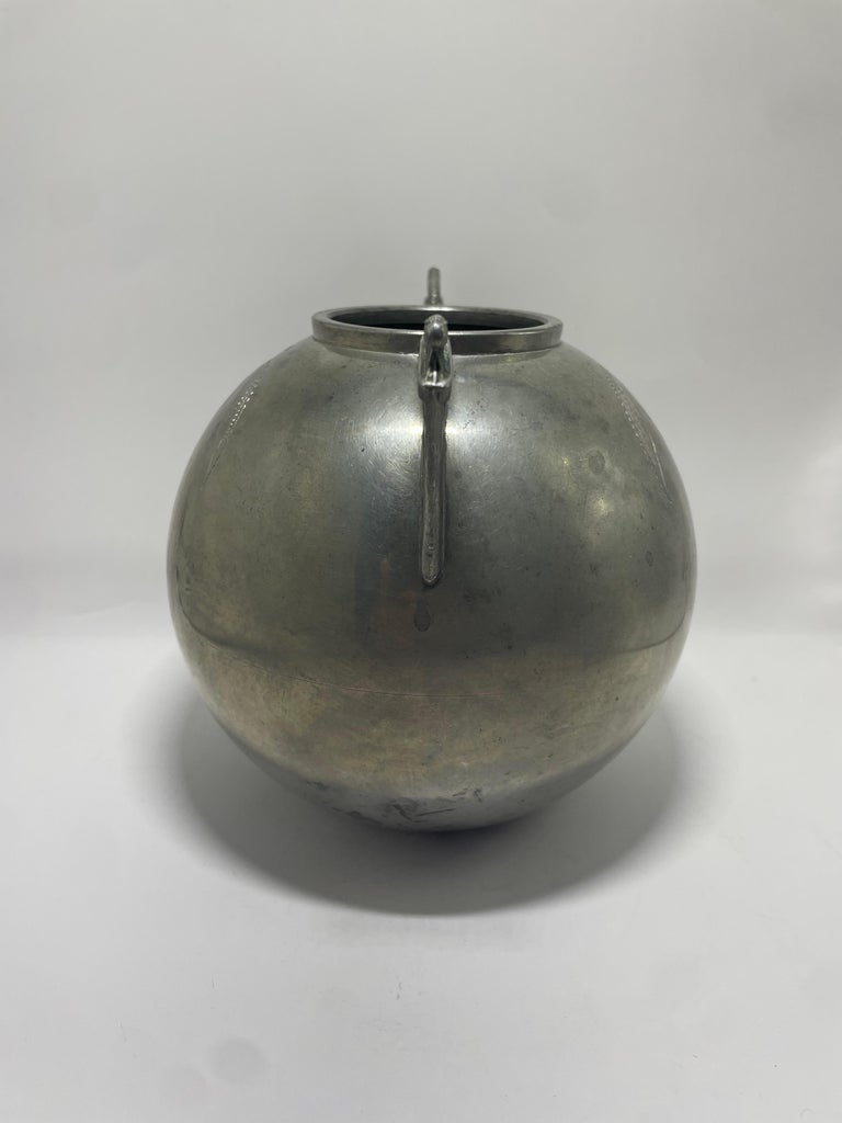 L&L Swedish Pewter Vase with Leaf Motif and Triangular Handles, 1935