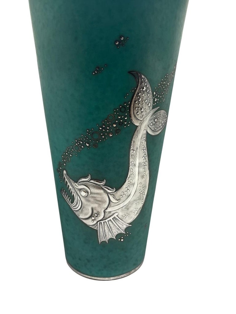 Wilhelm Kåge for Gustavsberg Argenta Vase with Silver Sea Creature Motif, Sweden 1930's