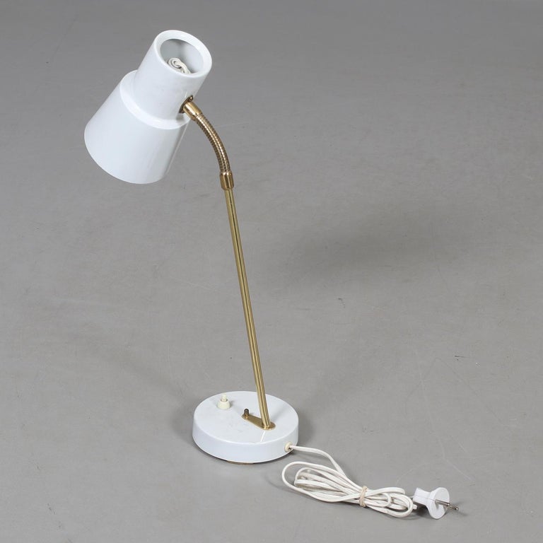 Pair of White and Brass Adjustable Table Lamps by EWÅ Värnamo, Sweden, 1960's