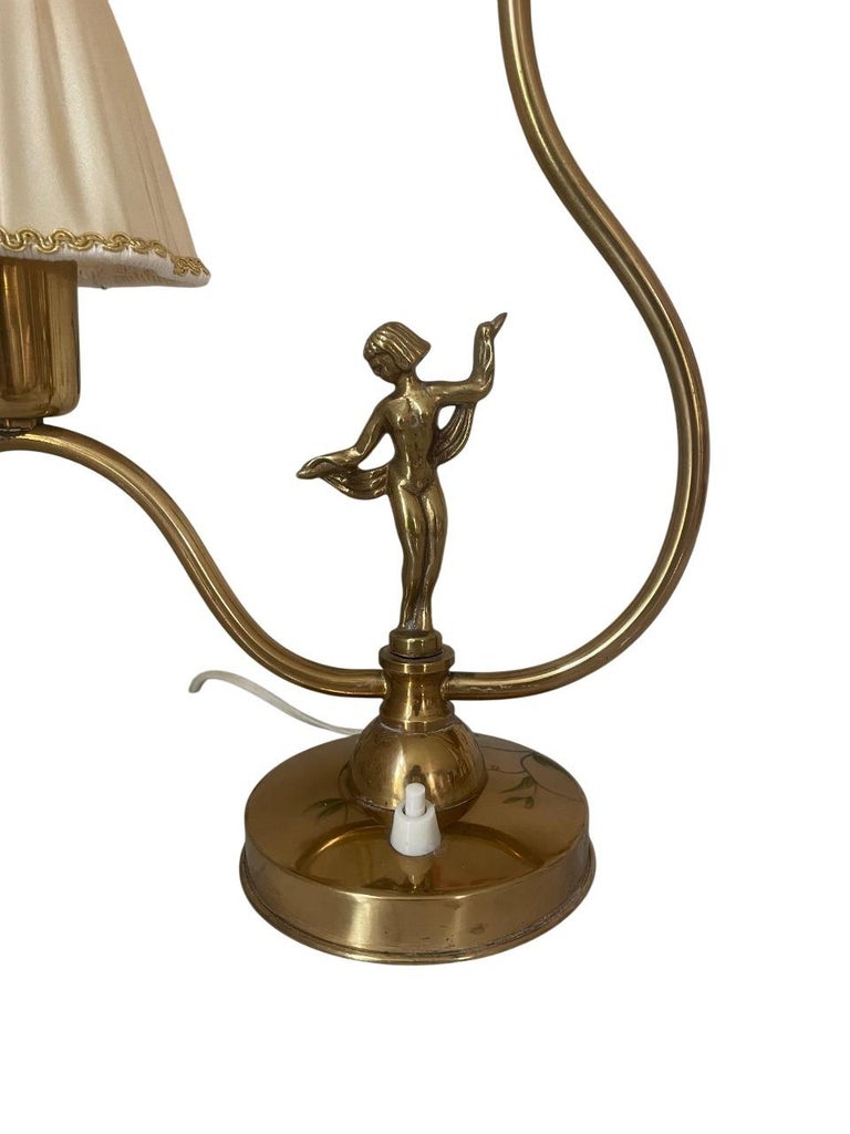Swedish Art Deco Brass Table Lamp with Figural Base and Silk Shades, 1930s