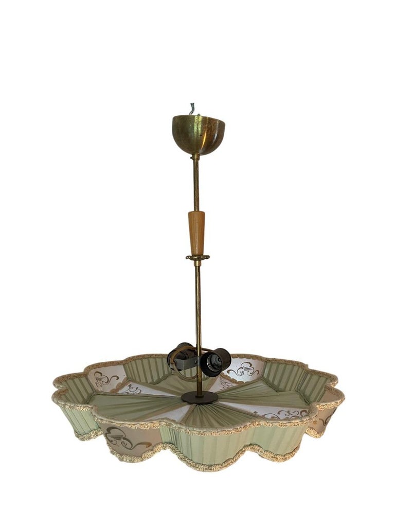 Elegant Swedish Modern Pendant Light in Silk and Brass, 1940s
