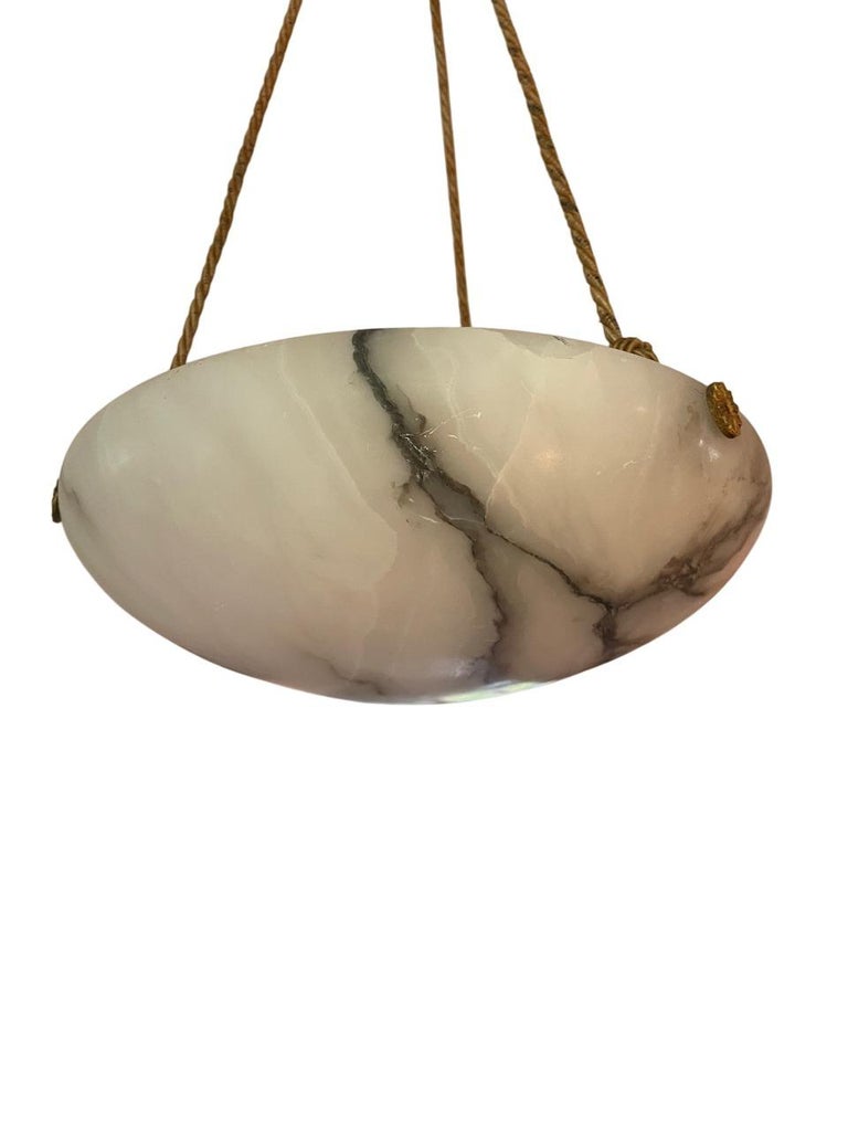Swedish Modern Alabaster Ceiling Pendant with Rope & Brass Details, 1940s