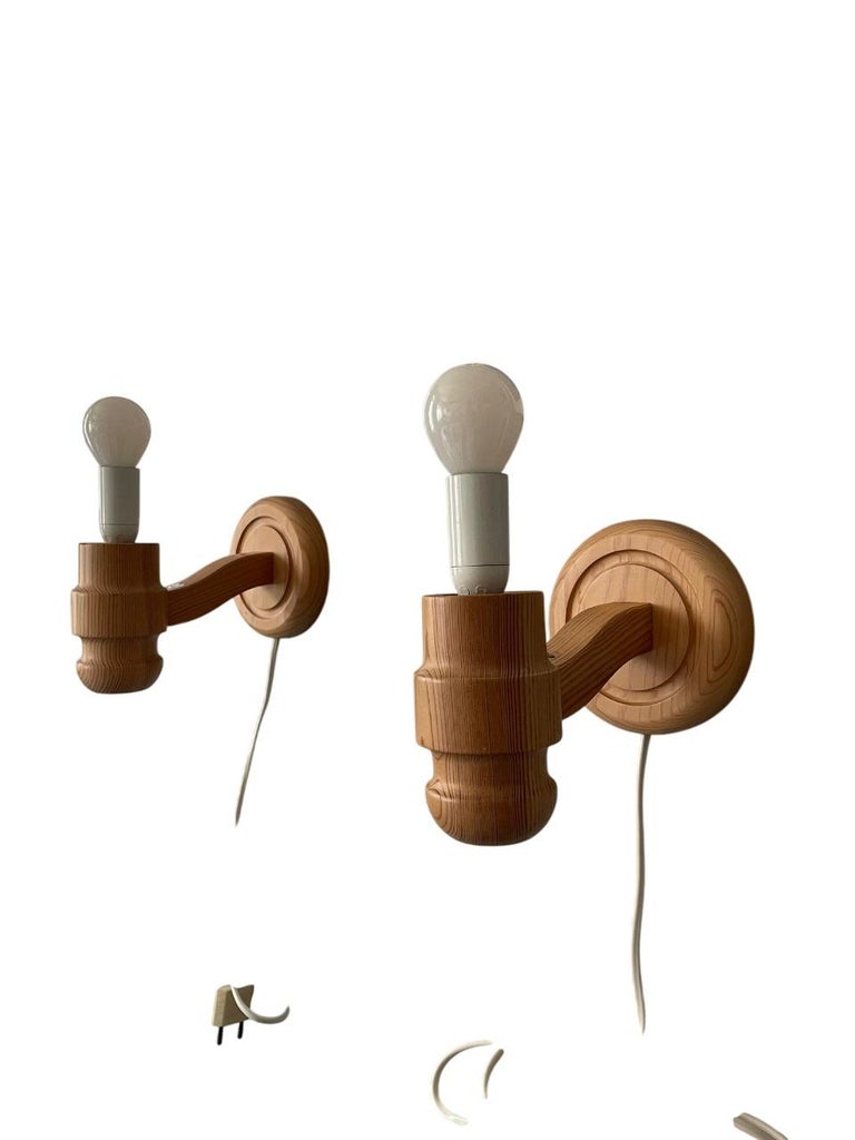 Pair of Solbackens Svarveri Pine Wall Lamps, Sweden, 1970s