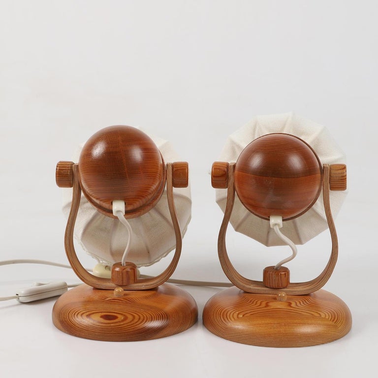 Pair of Markslöjd Scandinavian Pine and Fabric Wall Lamps, 1970s