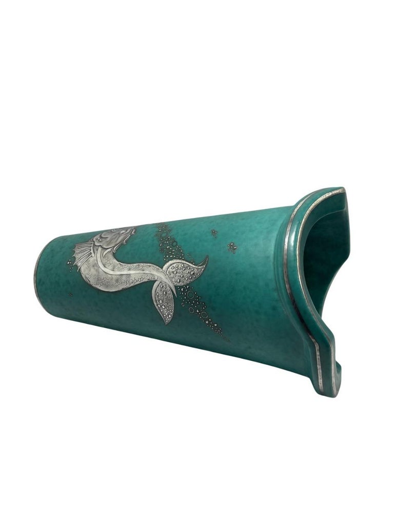 Wilhelm Kåge for Gustavsberg Argenta Vase with Silver Sea Creature Motif, Sweden 1930's