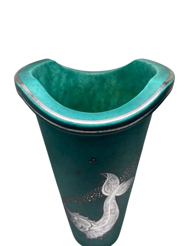 Wilhelm Kåge for Gustavsberg Argenta Vase with Silver Sea Creature Motif, Sweden 1930's