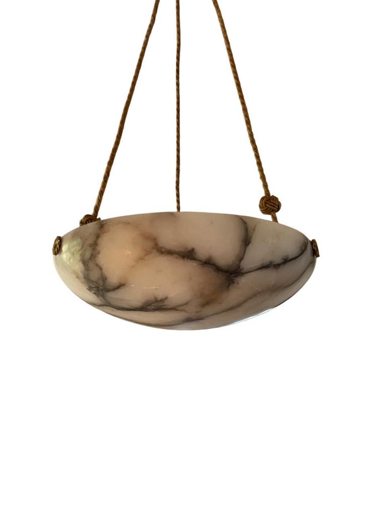Swedish Modern Alabaster Ceiling Pendant with Rope & Brass Details, 1940s