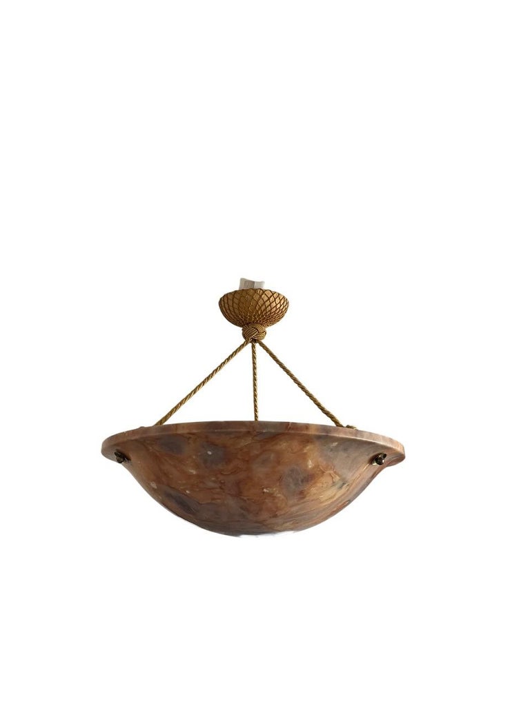 Swedish Modern Alabaster Pendant Ceiling Lamp with Gilded Details, 1940s