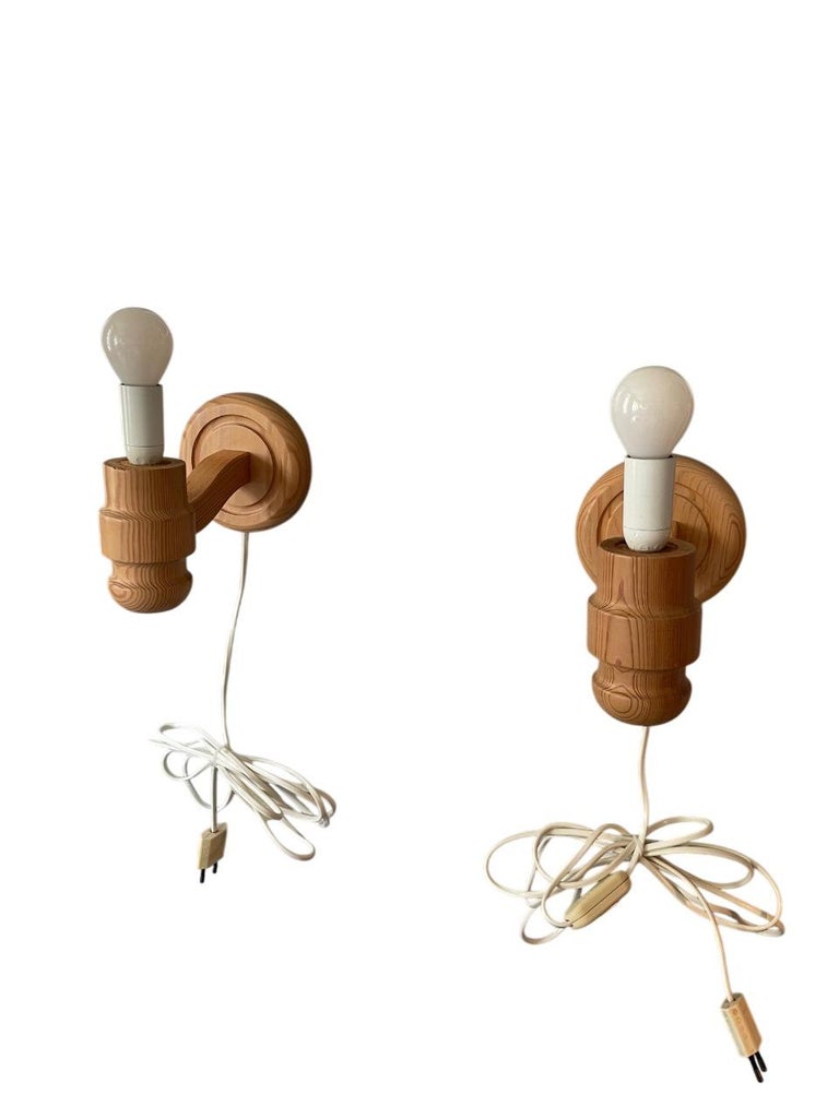 Pair of Solbackens Svarveri Pine Wall Lamps, Sweden, 1970s